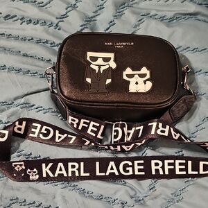 Karl Lagerfeld Black Faux-Leather Crossbody Camera Bag with Logo Strap
